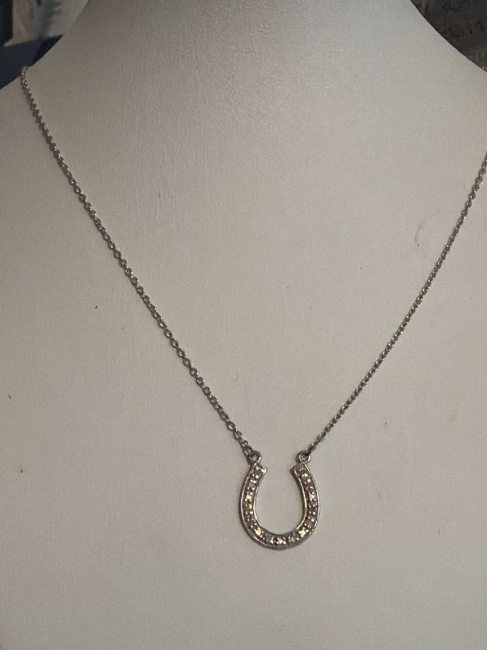 Sterling Silver Horseshoe Pendant Necklace 5 Diamonds 18" Stamped 2.12g Dainty